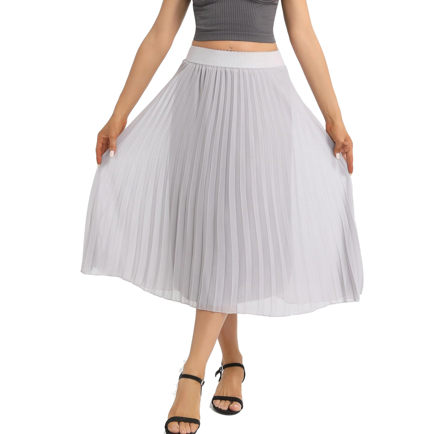 Womens Chiffon High Waist Skirt Pleated A-Line Swing Elastic Shirring Midi Length
