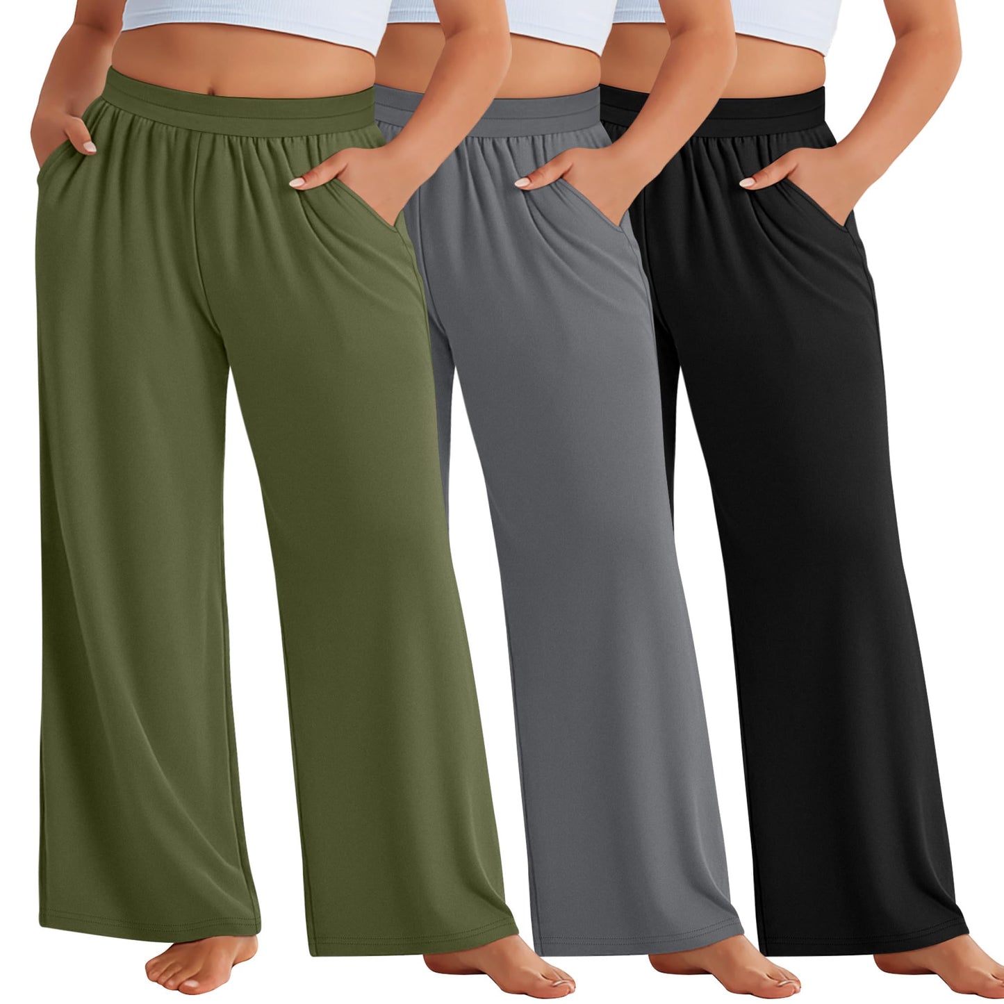Evervibe 3 Pack Women Plus Size Wide Leg Pants Loose Fit Palazzo Lounge Yoga Sweatpants High Waist Casual Pajamas Pants