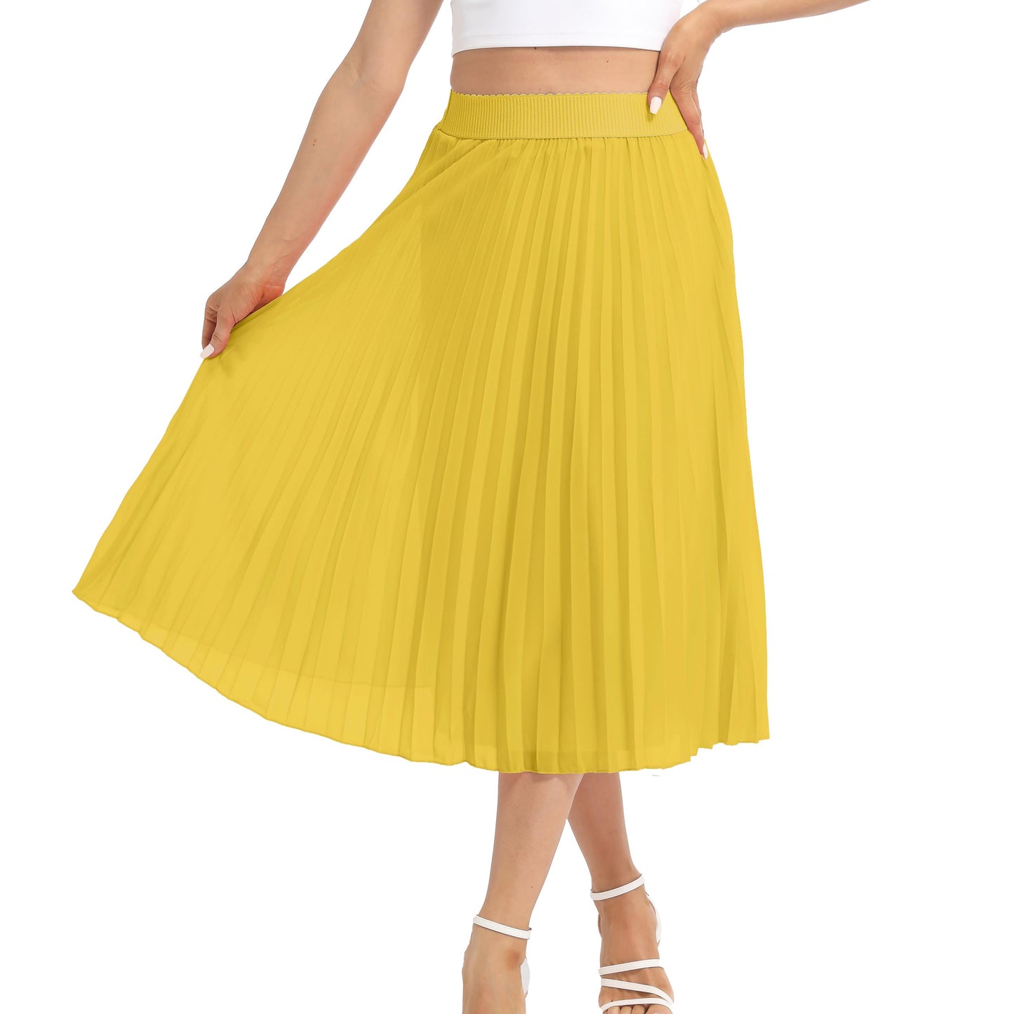 Womens Chiffon High Waist Skirt Pleated A-Line Swing Elastic Shirring Midi Length