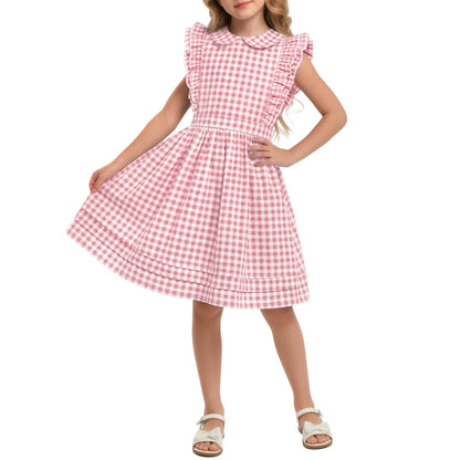 Xaatren Girls' Ruffle Sleeves Dress 5-14 Years Doll Collar Plaid Midi Length Gingham Flutter Pockets Summer Dress with Zipper