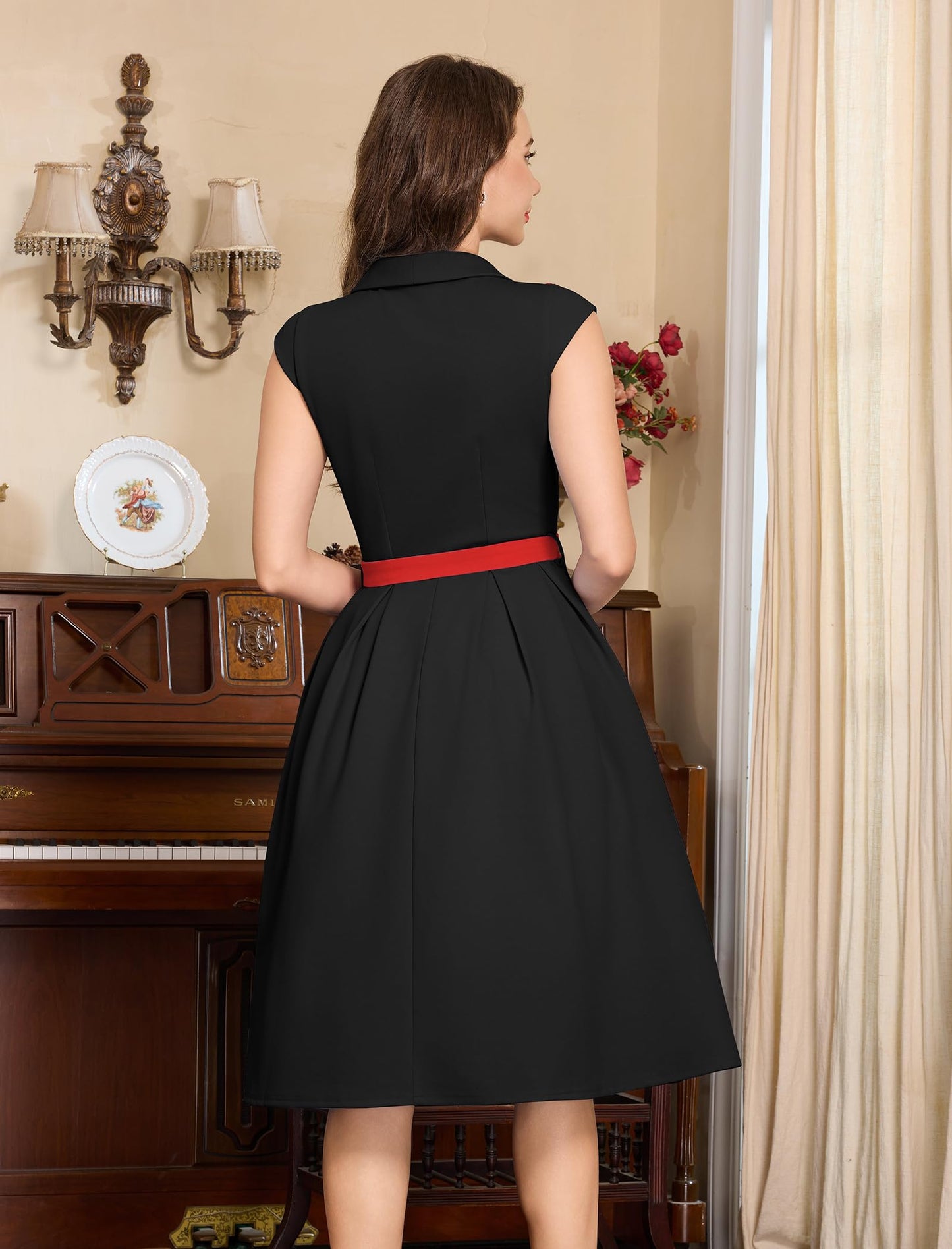 Women's 1950s Retro Dress Sleeveless Cocktail Prom Swing Midi Belt Dresses with Pockets Vintage Style