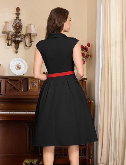 Women's 1950s Retro Dress Sleeveless Cocktail Prom Swing Midi Belt Dresses with Pockets Vintage Style