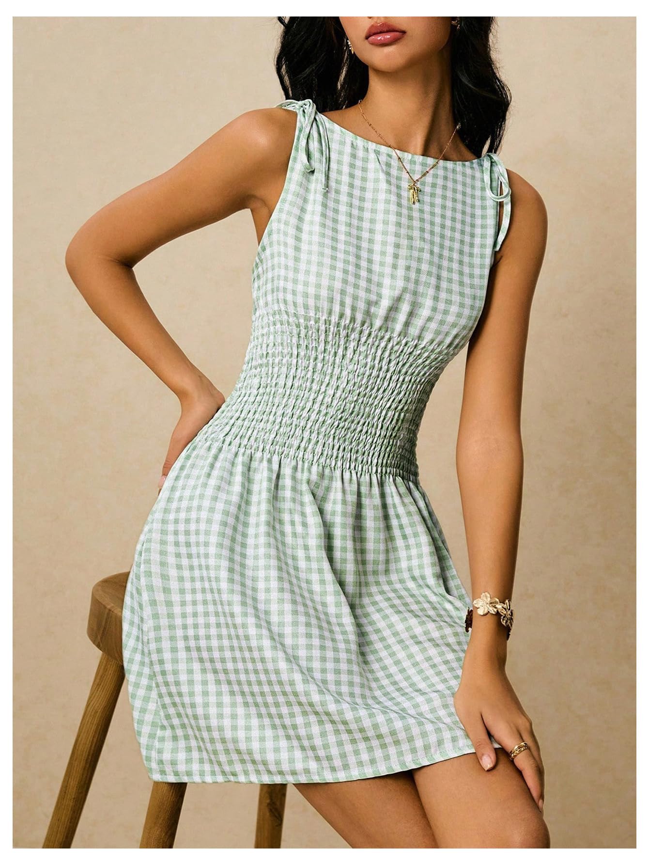 Floerns Women's Tie Shoulder A Line Gingham Dress Boat Neck Mini Checkered Elegant Dresses