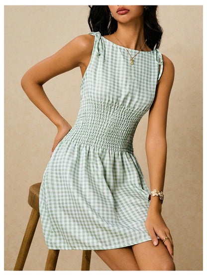 Floerns Women's Tie Shoulder A Line Gingham Dress Boat Neck Mini Checkered Elegant Dresses