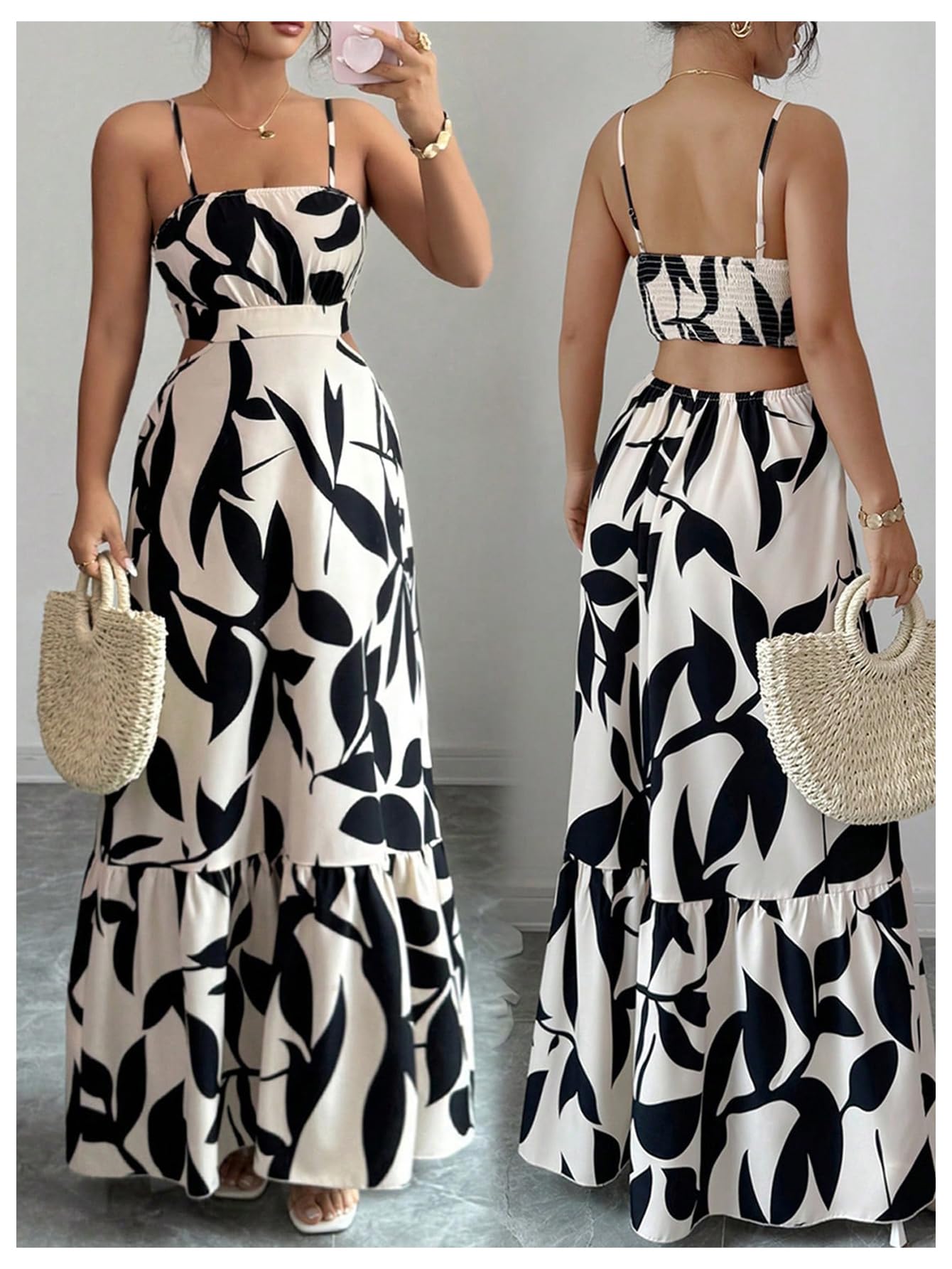 OYOANGLE Women's Cut Out Floral Print Tropical Maxi Cami Dress Ruffle Flowy Summer Vacation Spaghetti Strap Sundress