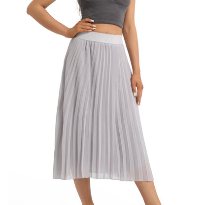 Womens Chiffon High Waist Skirt Pleated A-Line Swing Elastic Shirring Midi Length