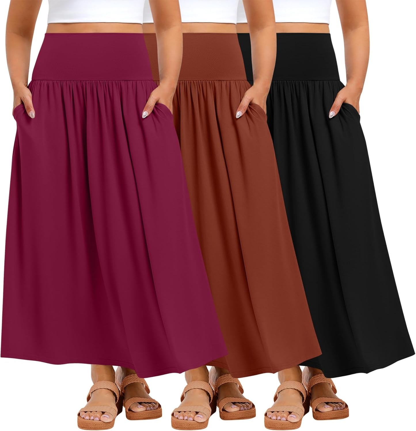 Ficerd 3 Pack Plus Size Maxi Skirts for Curvy Women Pockets Casual 2026 Boho Summer Flowy Long Skirt a Line High Waist Dress