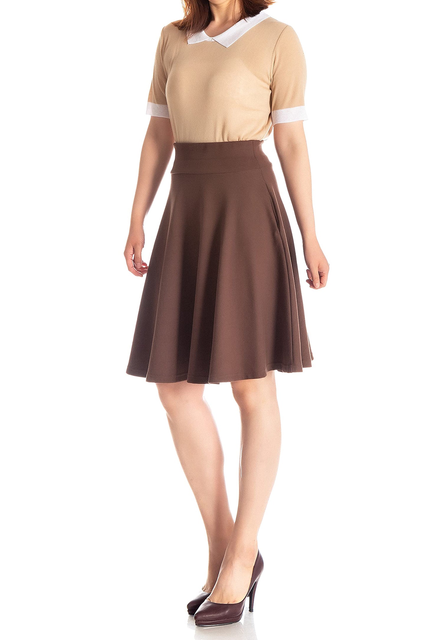 Dani's Choice High-Waisted Cotton Blend Skirt with Pockets - Knee Length A-line Flare for Business and Casual Wear