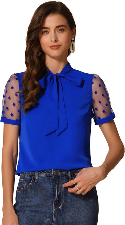 Allegra K Women's Bow Tie Neck V Neck Stand Collar Short Mesh Sleeve Blouse