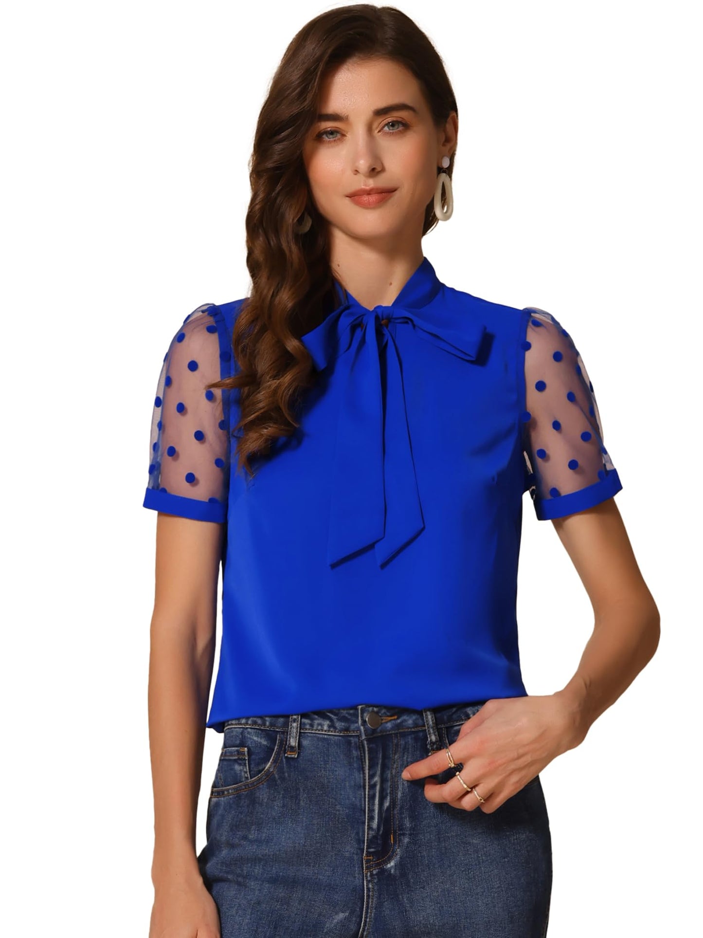 Allegra K Women's Bow Tie Neck V Neck Stand Collar Short Mesh Sleeve Blouse