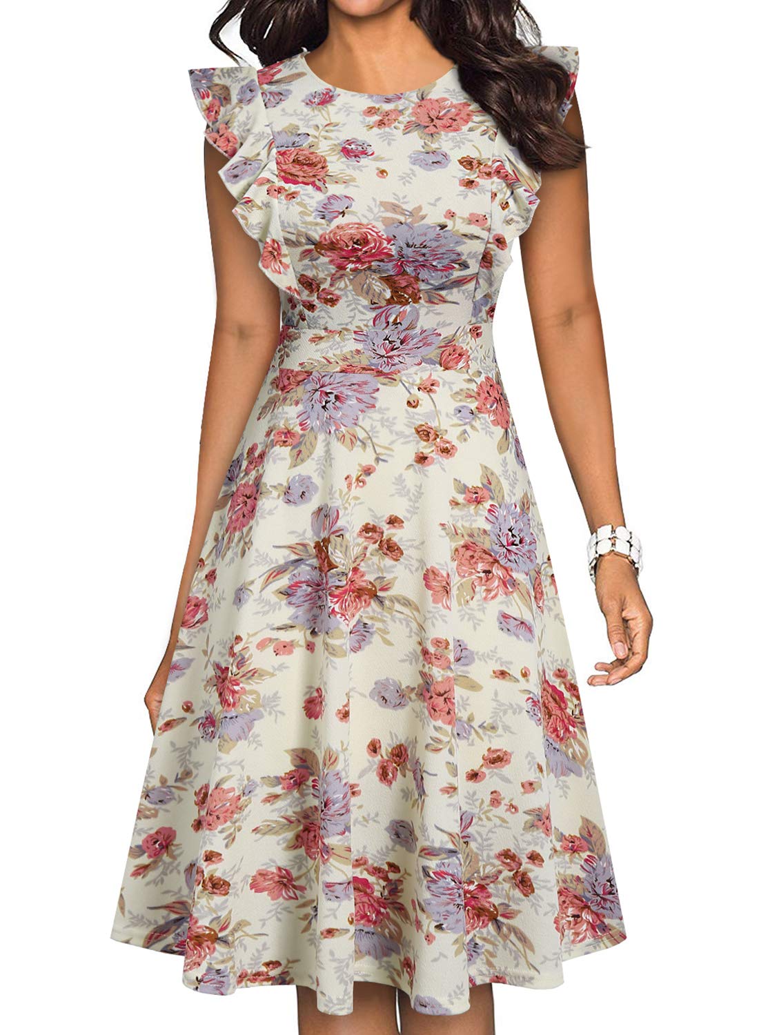 YATHON Women's Vintage Ruffle Floral Flared A Line Swing Casual Cocktail Party Dresses