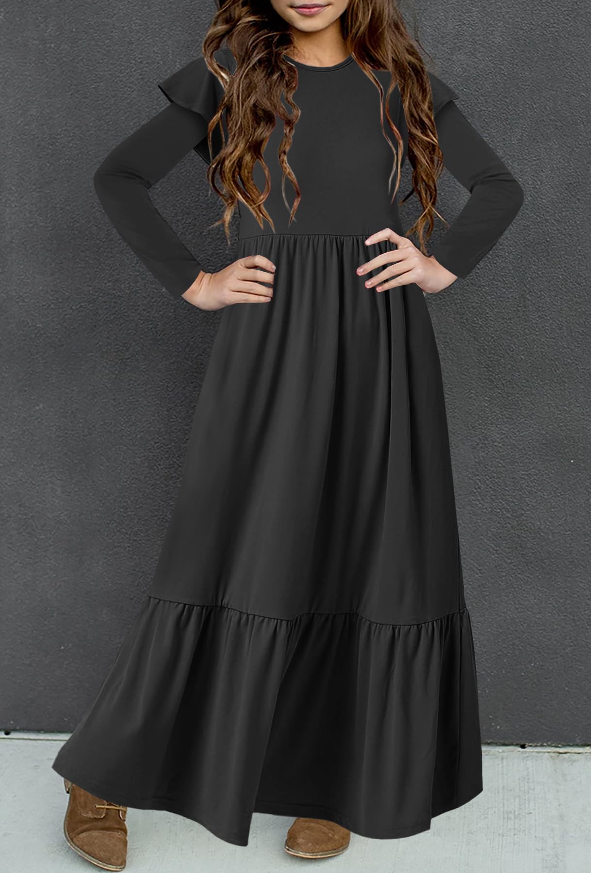 HOSIKA Girls Fall Ruffle Long Sleeve Crew Neck Loose Casual Flowy Tiered Maxi Dress with Pockets for 6-12 Y