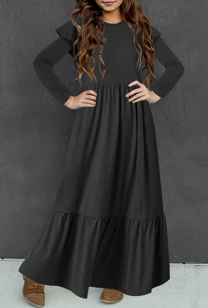 HOSIKA Girls Fall Ruffle Long Sleeve Crew Neck Loose Casual Flowy Tiered Maxi Dress with Pockets for 6-12 Y