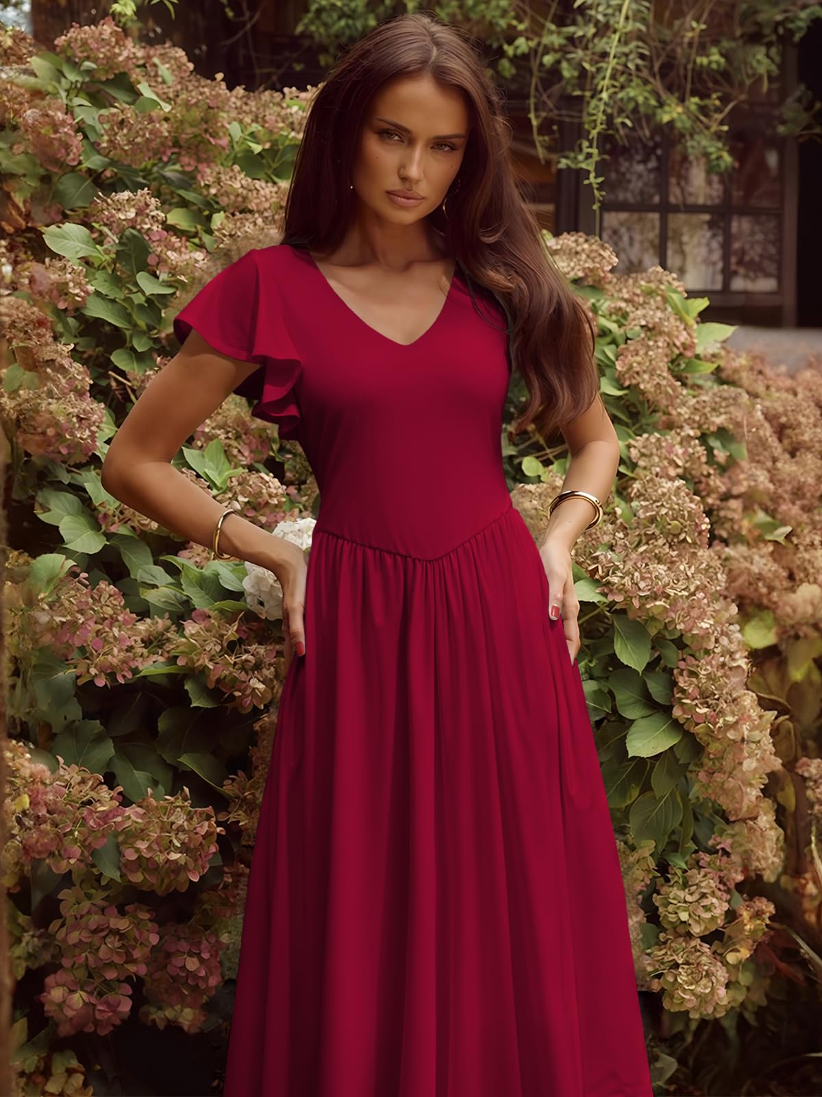 YUNDAI Women's Scoop Neck Flutter Sleeve Midi Dress with Pocket Elegant Flowy A Line Tie Back Dress