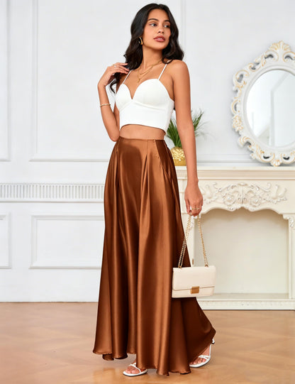MAKABO Maxi Satin Skirts for Womens High Waisted Flowy Long A line Skirt Trendy for Office Holiday Party