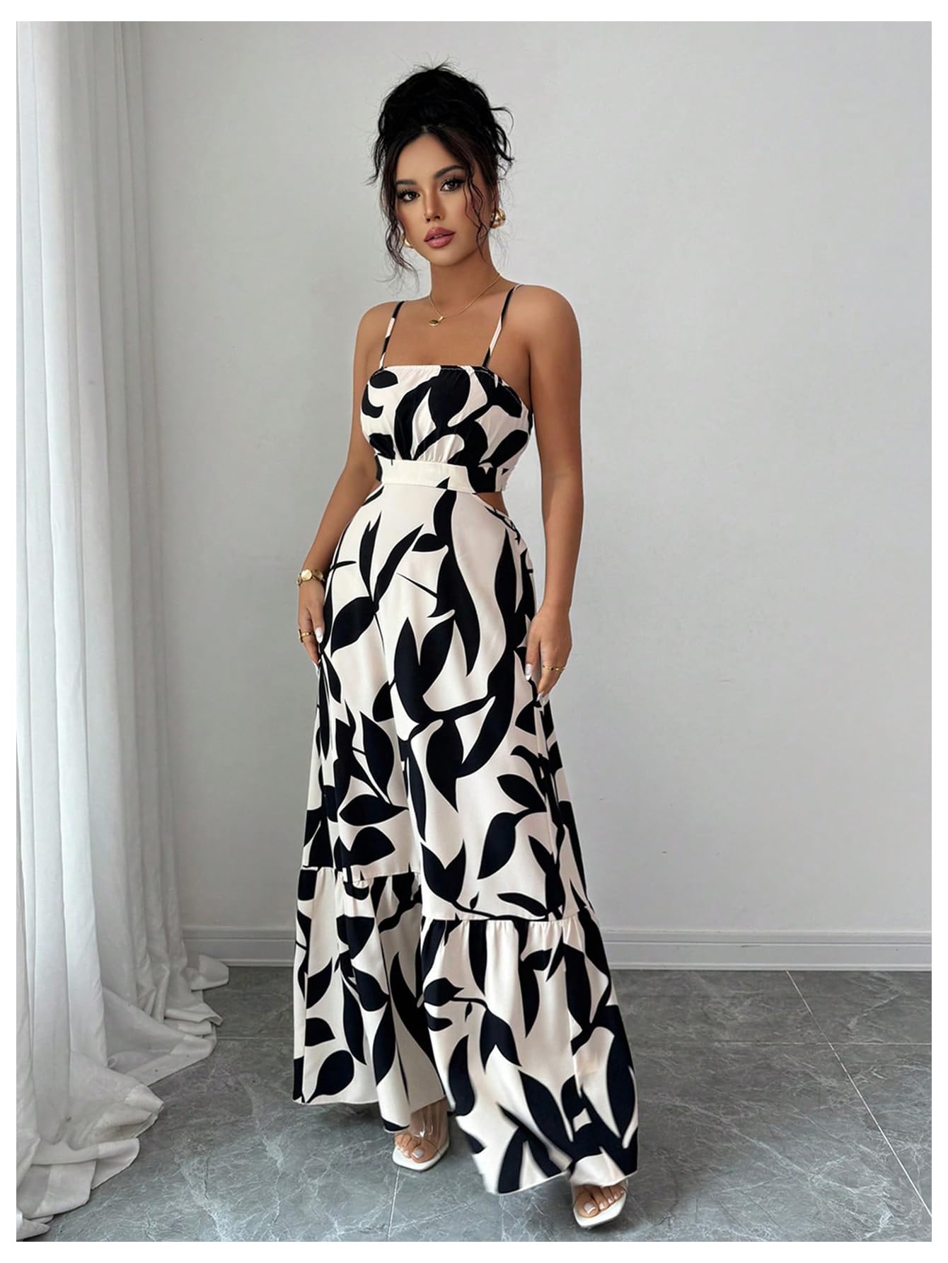 OYOANGLE Women's Cut Out Floral Print Tropical Maxi Cami Dress Ruffle Flowy Summer Vacation Spaghetti Strap Sundress