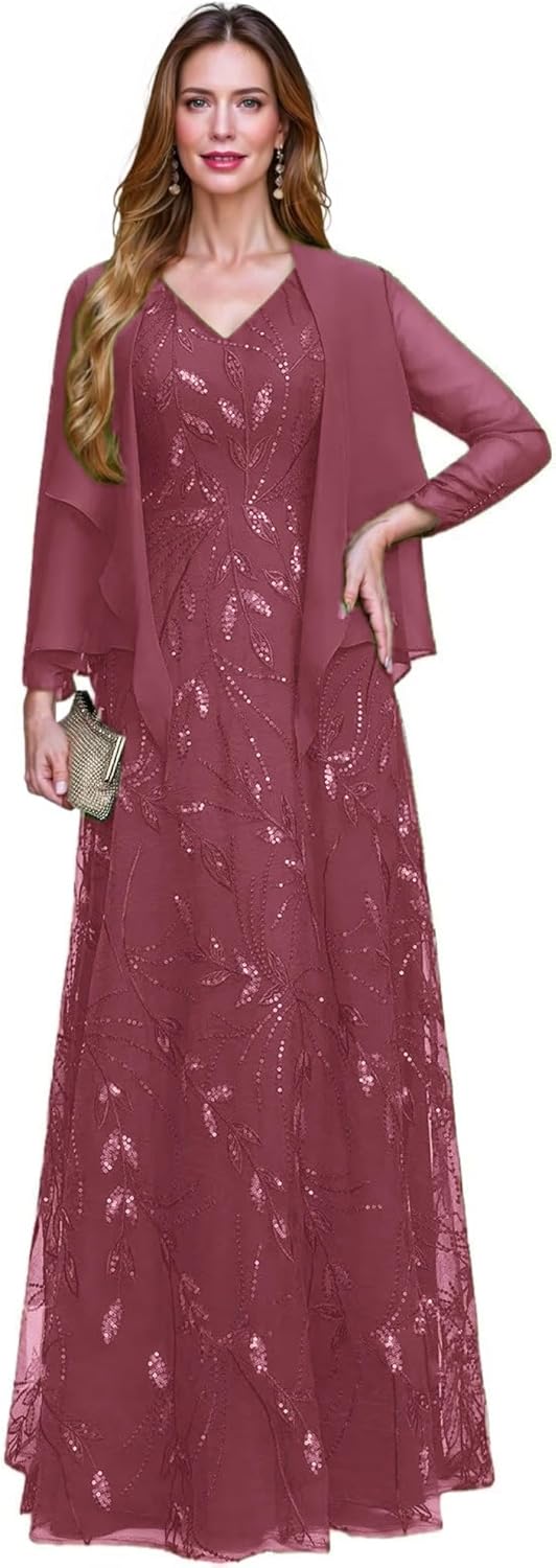 2 Piece Sequin Lace Mother of The Bride Dresses for Women with Jacket V Neck Long Formal Dresses Evening Gown