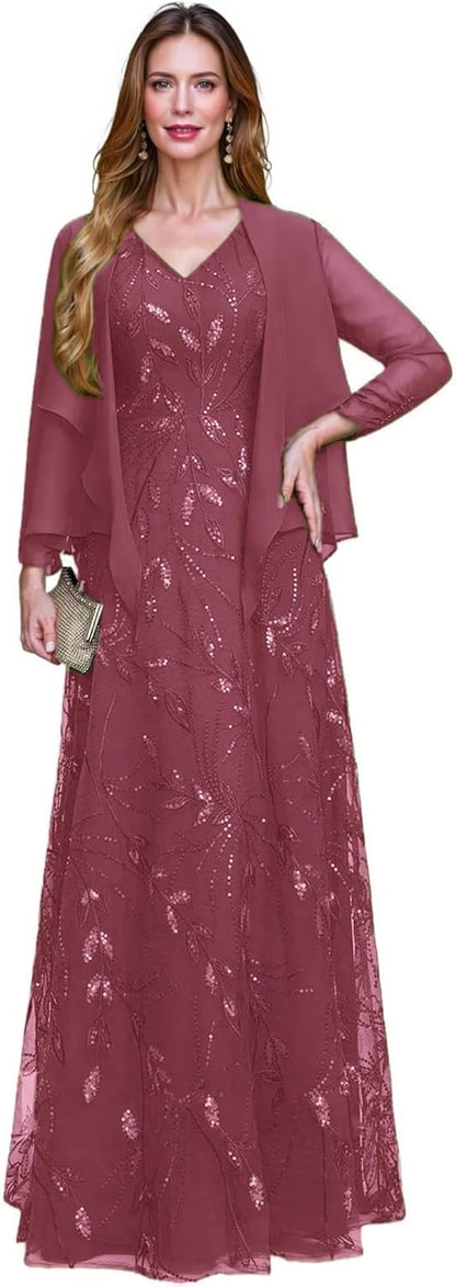 2 Piece Sequin Lace Mother of The Bride Dresses for Women with Jacket V Neck Long Formal Dresses Evening Gown