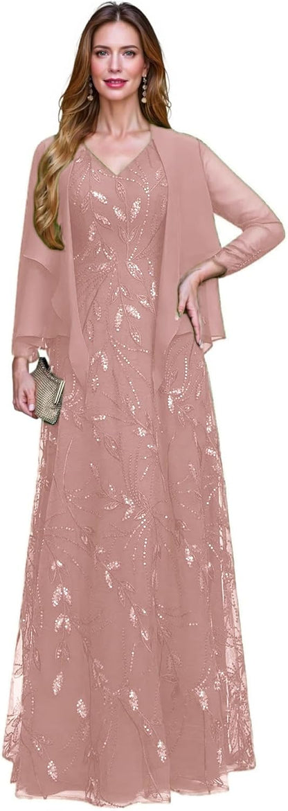 2 Piece Sequin Lace Mother of The Bride Dresses for Women with Jacket V Neck Long Formal Dresses Evening Gown