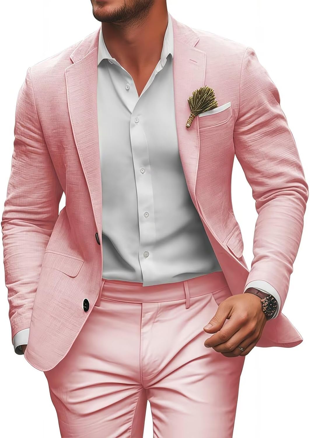 Retro Linen Mens Suit 2 Pieces Slim Fit Light Weight Beach Summer Wedding Tuxedo Set Jacket Blazer Pants for Men