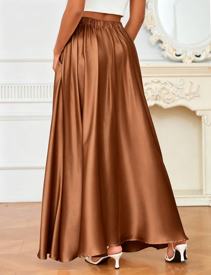 MAKABO Maxi Satin Skirts for Womens High Waisted Flowy Long A line Skirt Trendy for Office Holiday Party