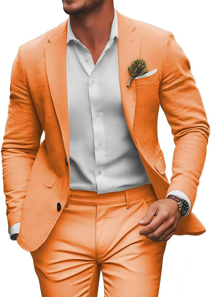 Retro Linen Mens Suit 2 Pieces Slim Fit Light Weight Beach Summer Wedding Tuxedo Set Jacket Blazer Pants for Men