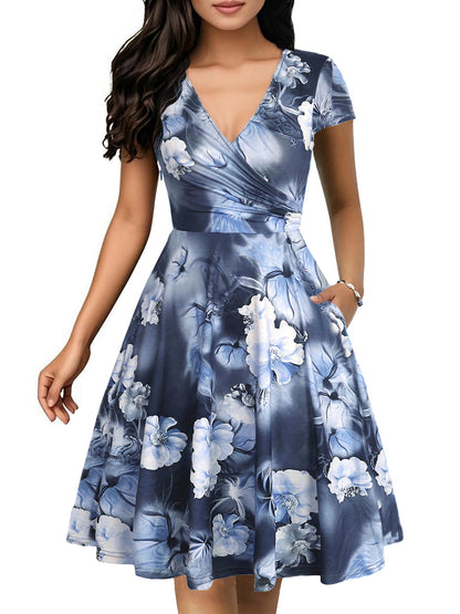 oxiuly Women's Vintage Dot V-Neck Cap Sleeve Casual Pockets Swing Tea Dress OX296