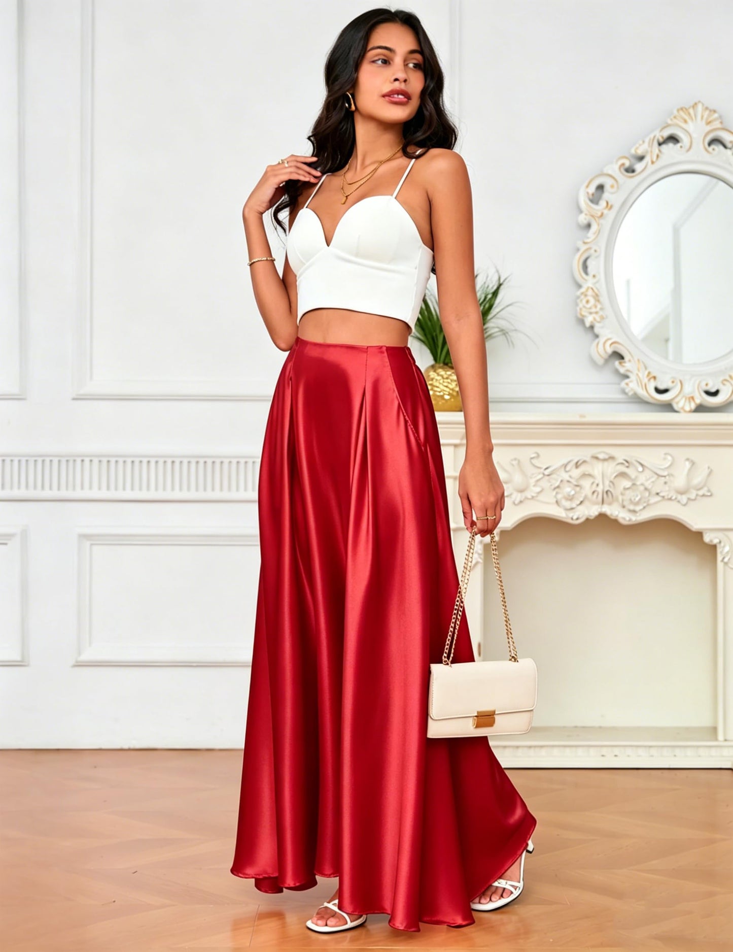 MAKABO Maxi Satin Skirts for Womens High Waisted Flowy Long A line Skirt Trendy for Office Holiday Party