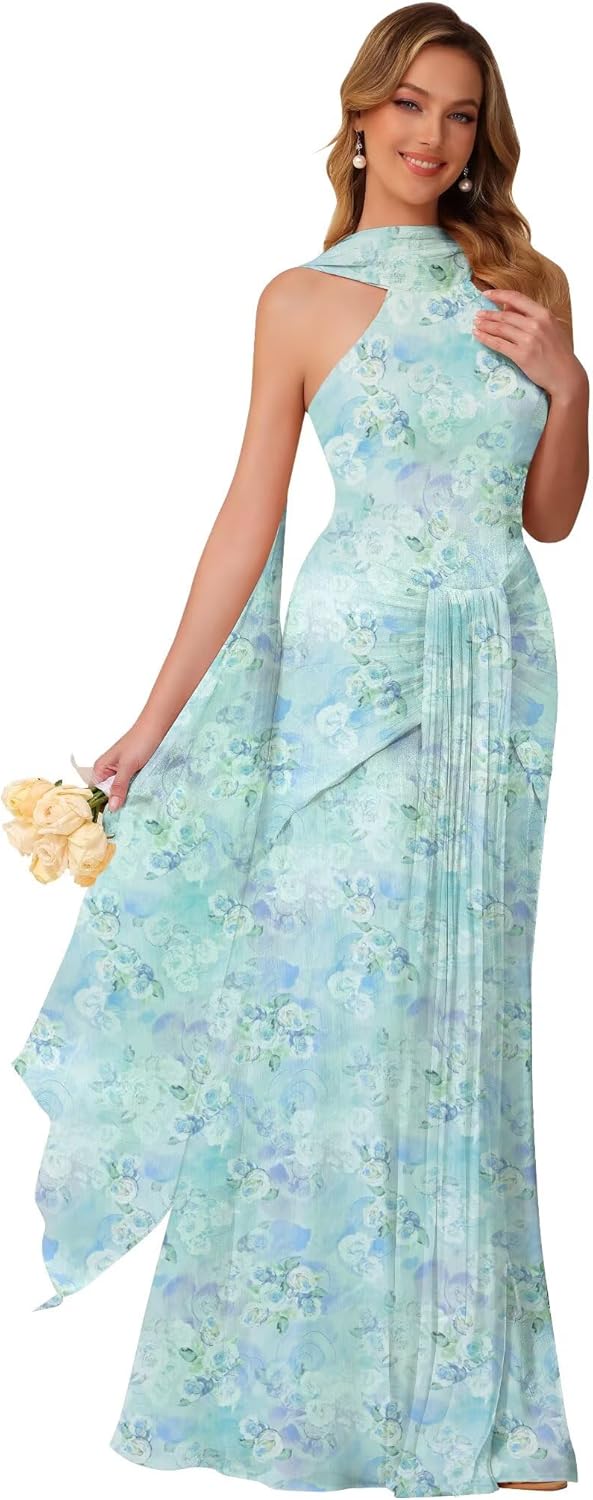 Halter Bridesmaid Dresses Long with Scarf Shimmer Chiffon Formal Dress Pleated Mermaid Evening Gowns for Women