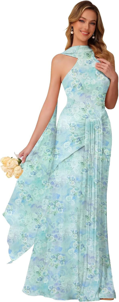 Halter Bridesmaid Dresses Long with Scarf Shimmer Chiffon Formal Dress Pleated Mermaid Evening Gowns for Women