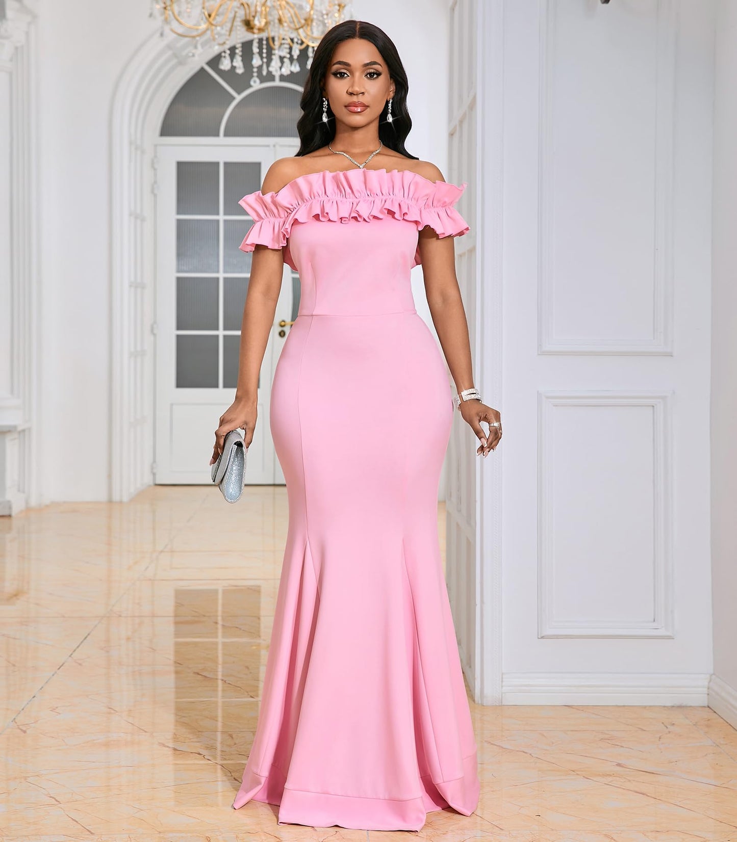 Cololura Sexy Floor-Length Off Shoulder Ruffles Stringy Selvedge Mermaid Bodycon Party Evening Maxi Dress