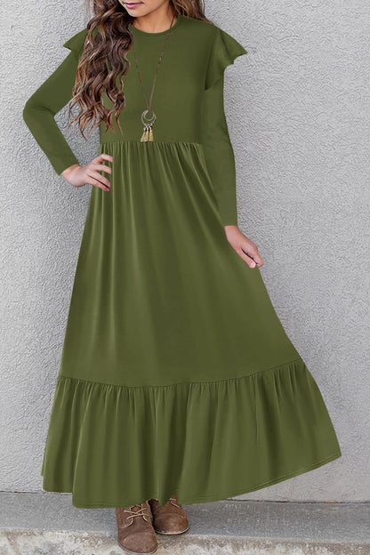 HOSIKA Girls Fall Ruffle Long Sleeve Crew Neck Loose Casual Flowy Tiered Maxi Dress with Pockets for 6-12 Y