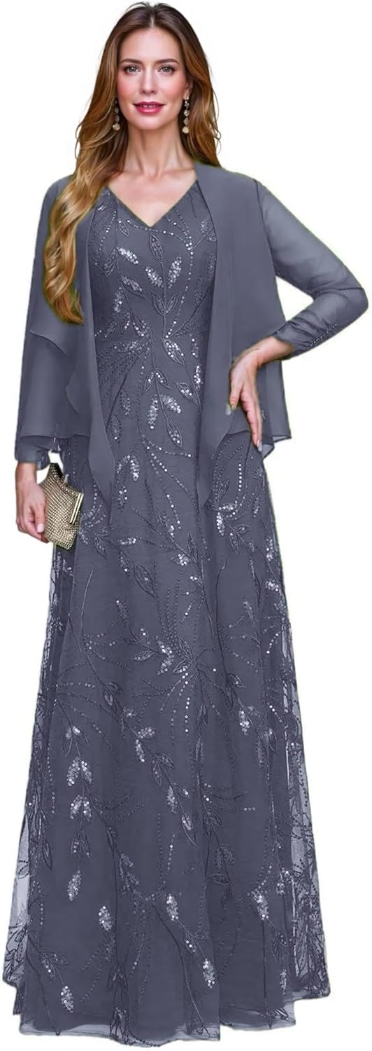 2 Piece Sequin Lace Mother of The Bride Dresses for Women with Jacket V Neck Long Formal Dresses Evening Gown