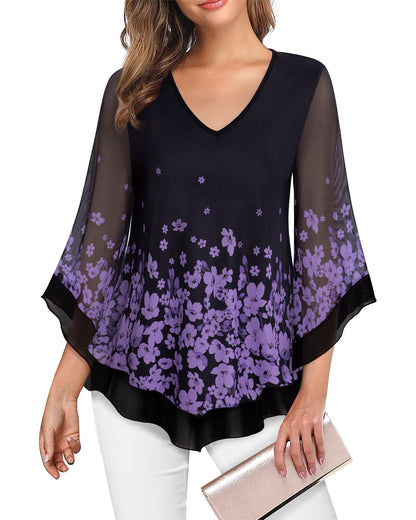Lotusmile Womens Dressy Blouse Double Layers Mesh Shirt Ruffle 3/4 Flared Sleeve Tunic Tops