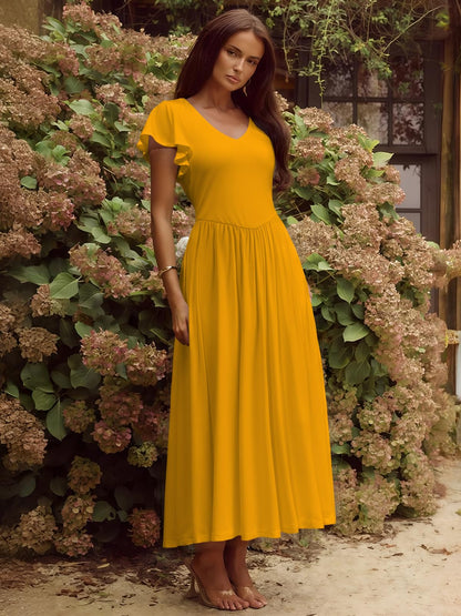 YUNDAI Women's Scoop Neck Flutter Sleeve Midi Dress with Pocket Elegant Flowy A Line Tie Back Dress