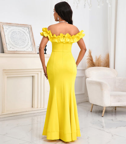 Cololura Sexy Floor-Length Off Shoulder Ruffles Stringy Selvedge Mermaid Bodycon Party Evening Maxi Dress