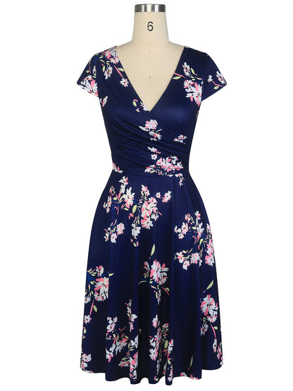 oxiuly Women's Vintage Dot V-Neck Cap Sleeve Casual Pockets Swing Tea Dress OX296