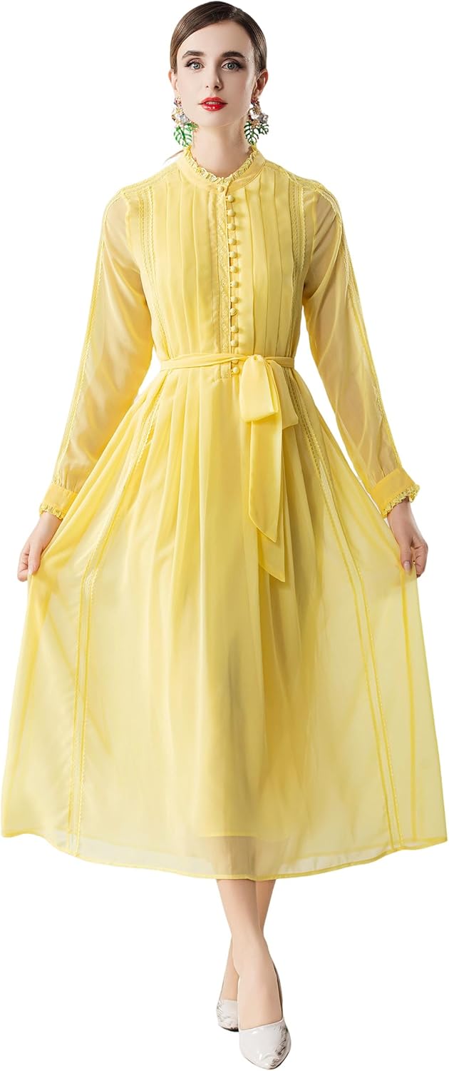 Women's 2026 Spring Fall Midi Dress with Belt Casual Long Sleeve Lace V Neck Pleated A Line Flowy Dresses for Work or Daily
