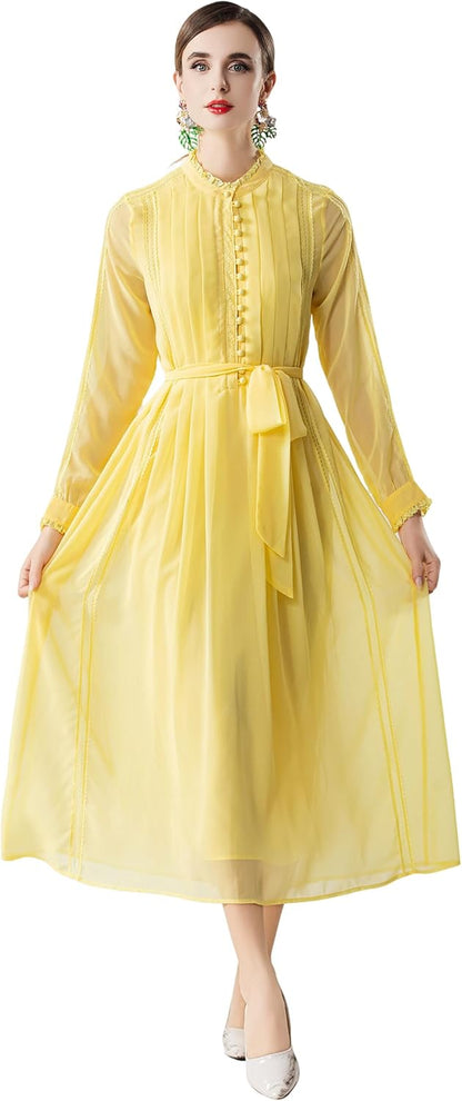Women's 2026 Spring Fall Midi Dress with Belt Casual Long Sleeve Lace V Neck Pleated A Line Flowy Dresses for Work or Daily