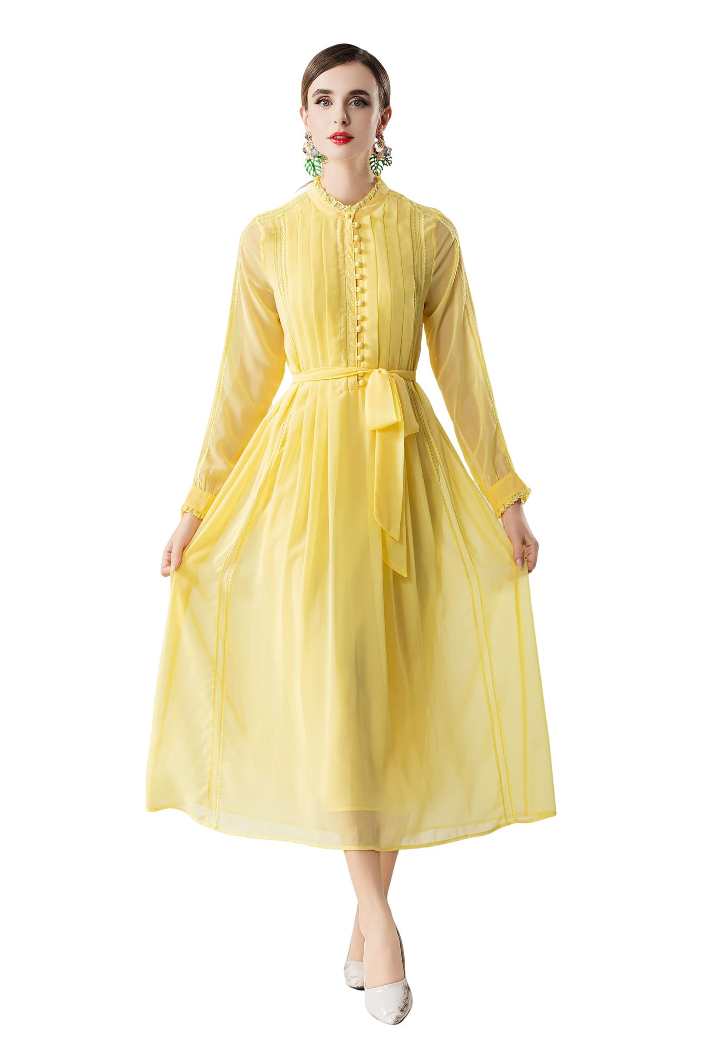 Women's 2026 Spring Fall Midi Dress with Belt Casual Long Sleeve Lace V Neck Pleated A Line Flowy Dresses for Work or Daily