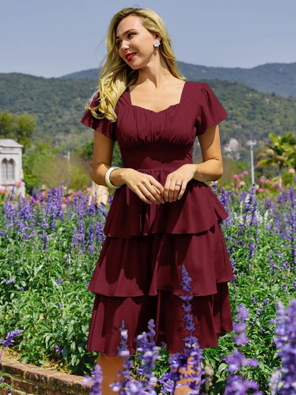 Belle Poque Women's Vintage Square Neck Dress 2026 Summer Short Sleeve Layered Tiered Ruffle A-line Swing Midi Dress