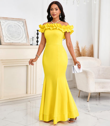 Cololura Sexy Floor-Length Off Shoulder Ruffles Stringy Selvedge Mermaid Bodycon Party Evening Maxi Dress