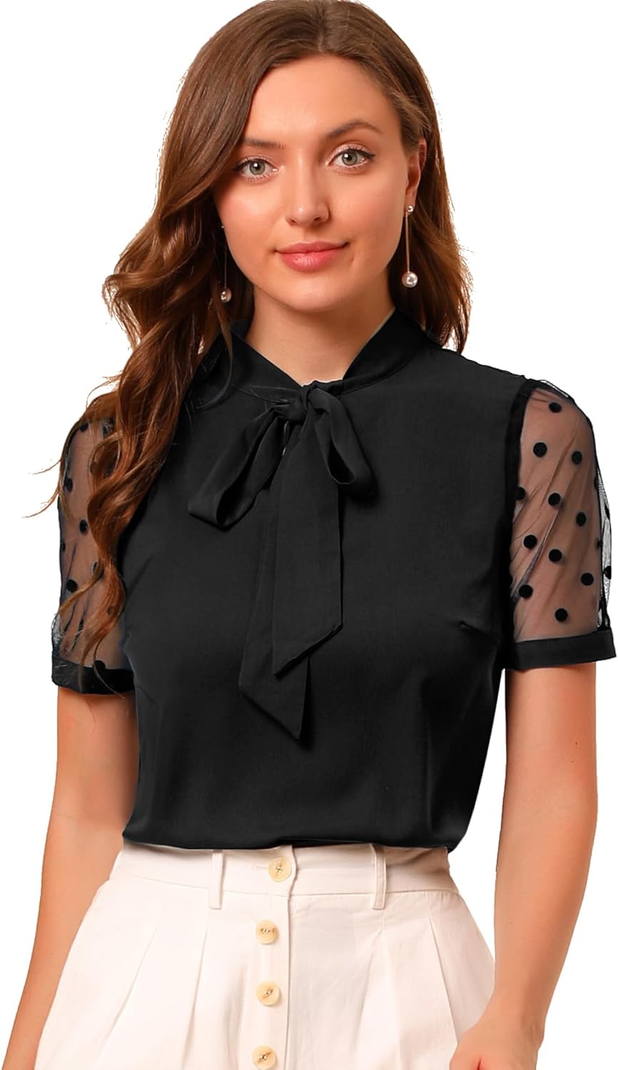 Allegra K Women's Bow Tie Neck V Neck Stand Collar Short Mesh Sleeve Blouse