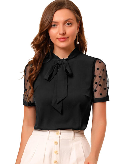 Allegra K Women's Bow Tie Neck V Neck Stand Collar Short Mesh Sleeve Blouse