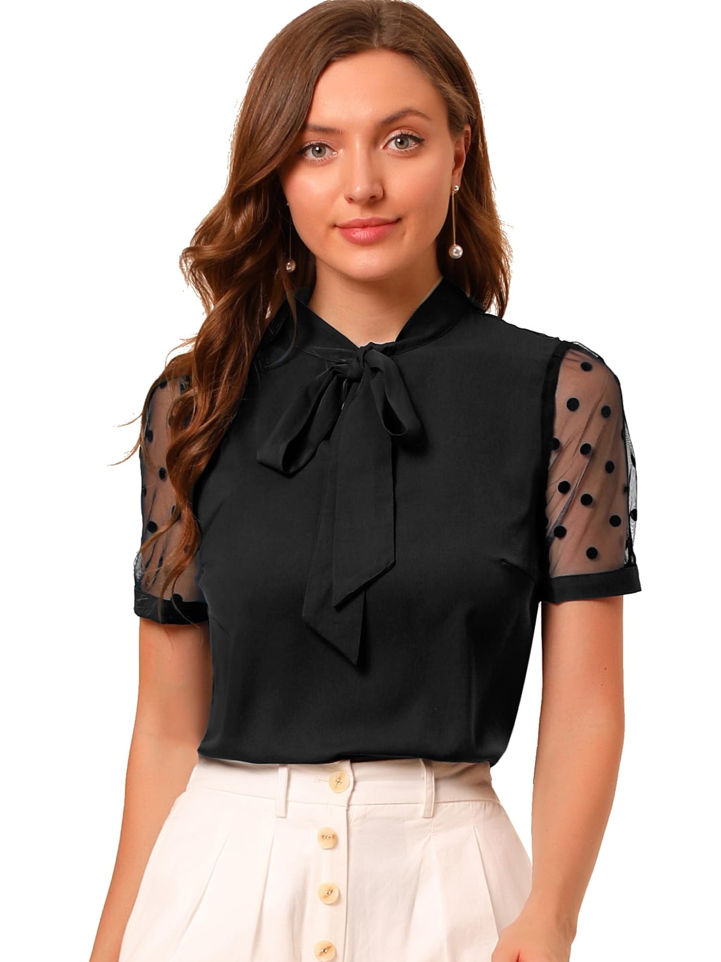 Allegra K Women's Bow Tie Neck V Neck Stand Collar Short Mesh Sleeve Blouse