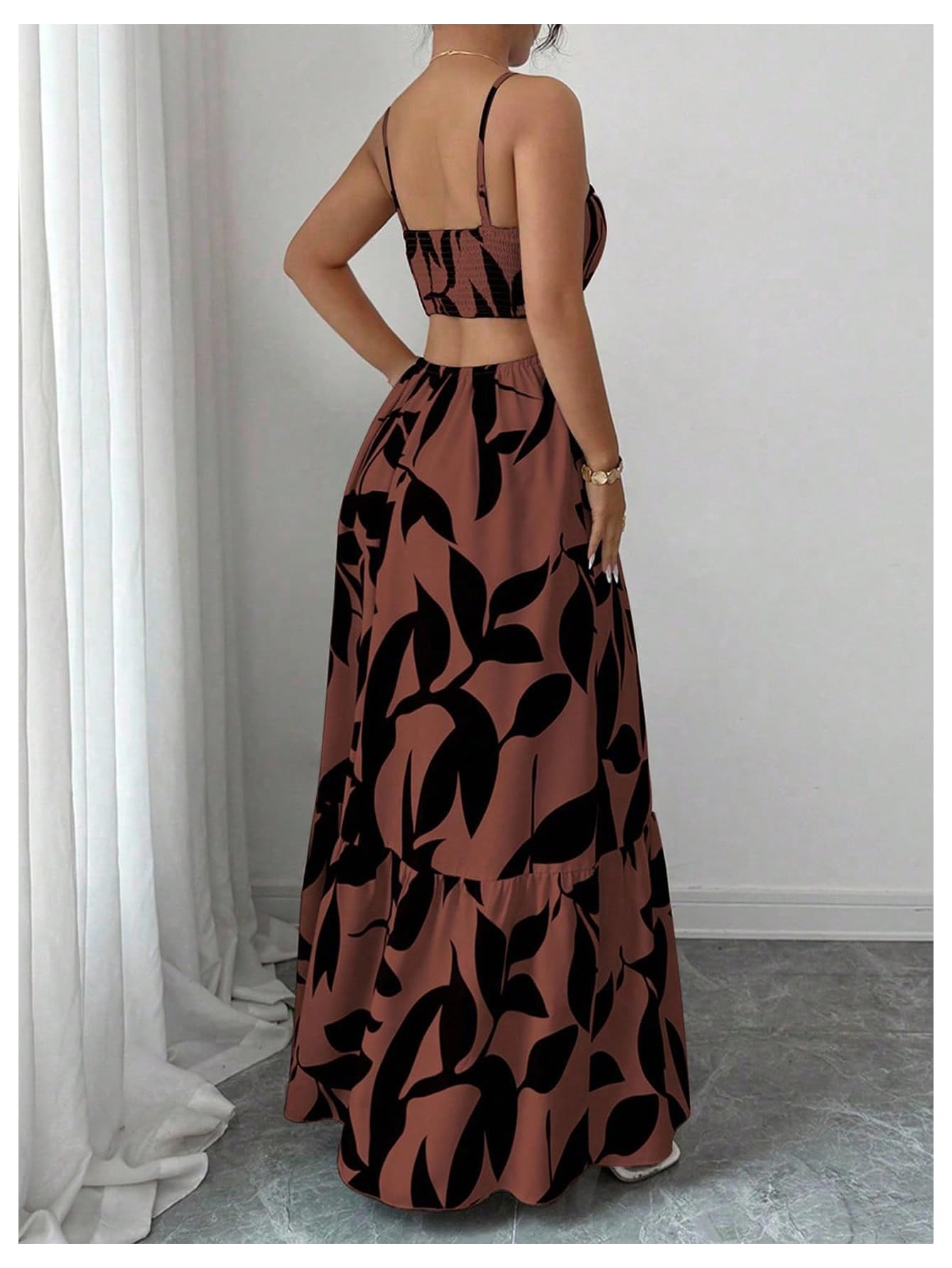 OYOANGLE Women's Cut Out Floral Print Tropical Maxi Cami Dress Ruffle Flowy Summer Vacation Spaghetti Strap Sundress