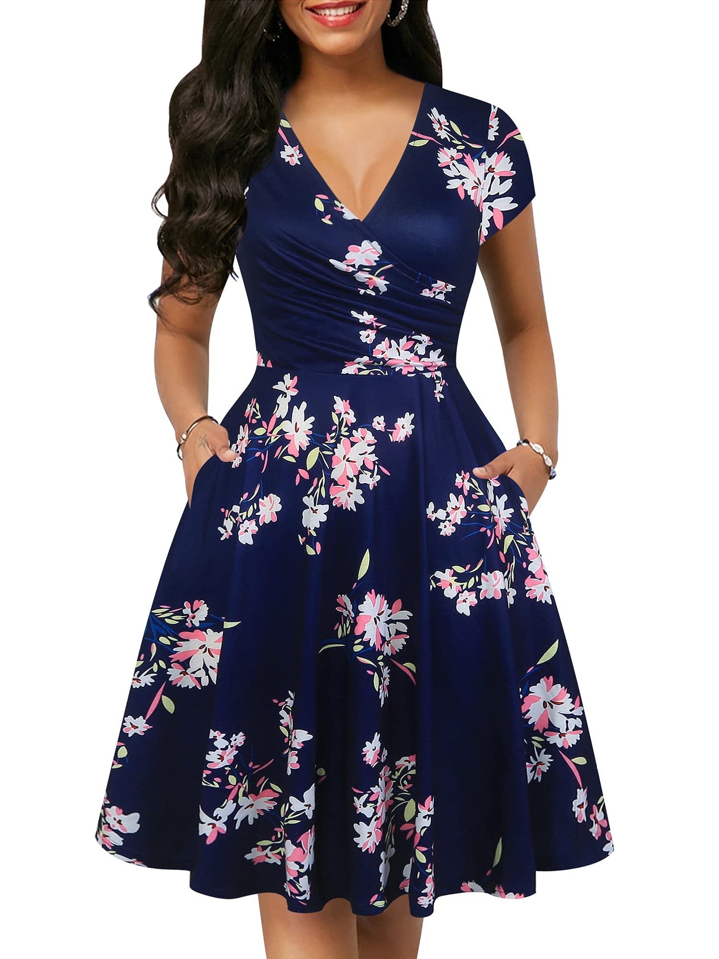 oxiuly Women's Vintage Dot V-Neck Cap Sleeve Casual Pockets Swing Tea Dress OX296