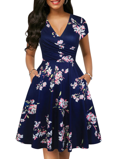 oxiuly Women's Vintage Dot V-Neck Cap Sleeve Casual Pockets Swing Tea Dress OX296