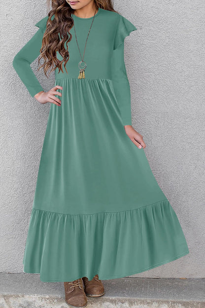 HOSIKA Girls Fall Ruffle Long Sleeve Crew Neck Loose Casual Flowy Tiered Maxi Dress with Pockets for 6-12 Y