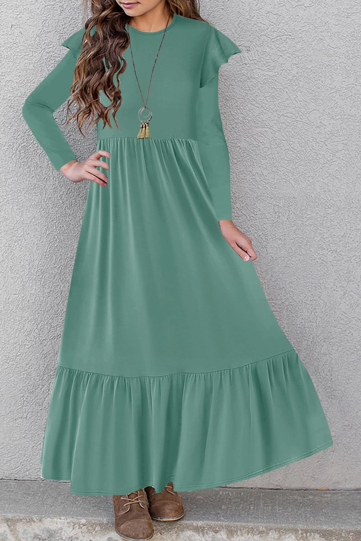 HOSIKA Girls Fall Ruffle Long Sleeve Crew Neck Loose Casual Flowy Tiered Maxi Dress with Pockets for 6-12 Y